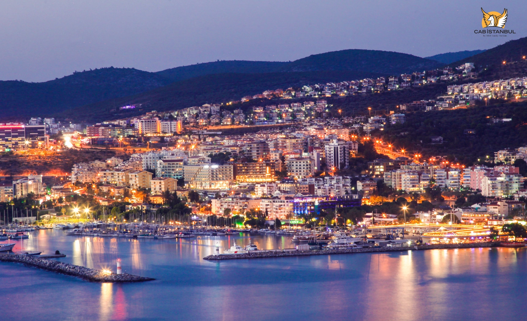 Kuşadası waterfront promenade and coast at night