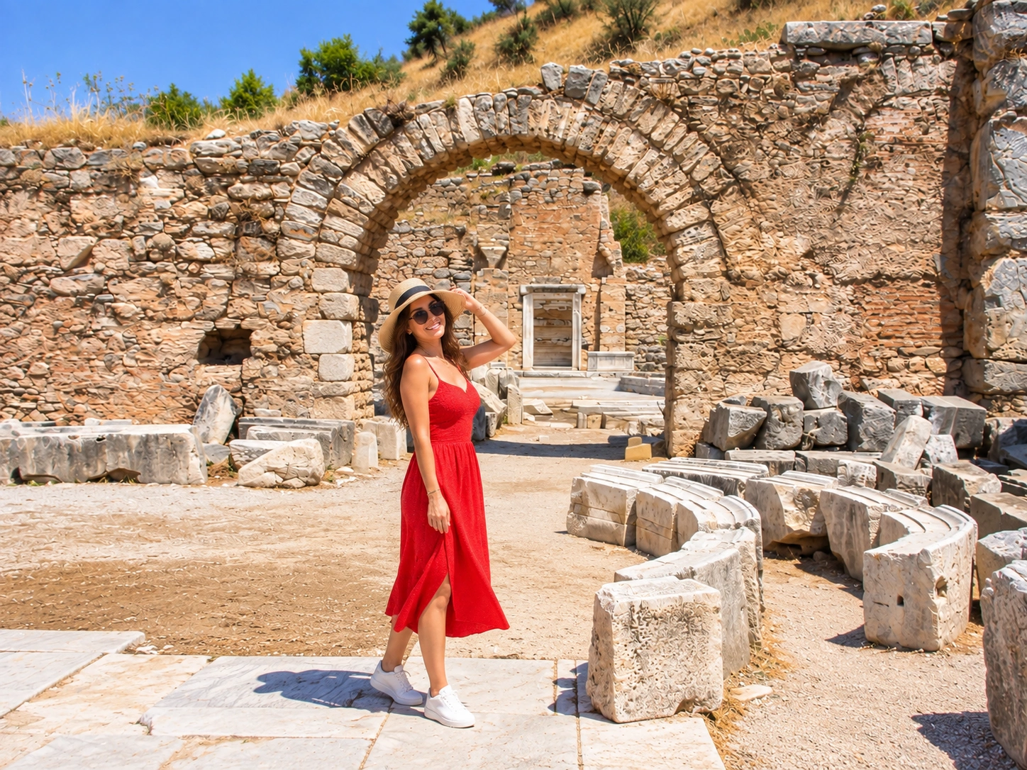 Efes’te Scholastica Hamamları’nın tuğla ve taş kalıntıları