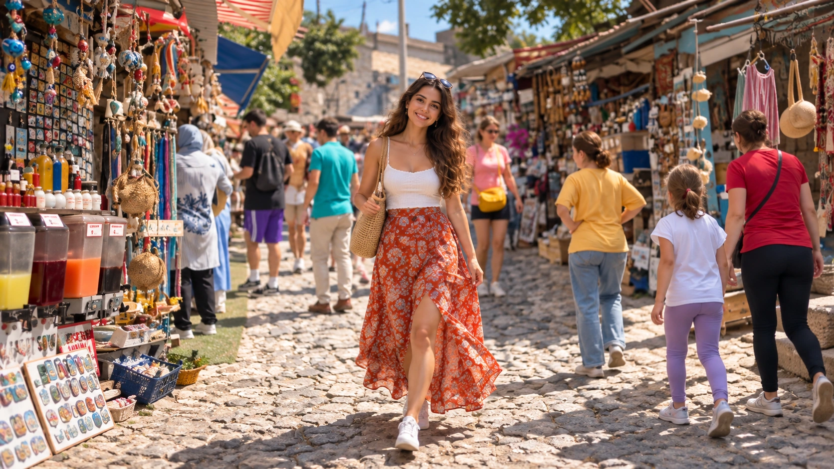 Shopping street with stone buildings in Behramkale village near Assos