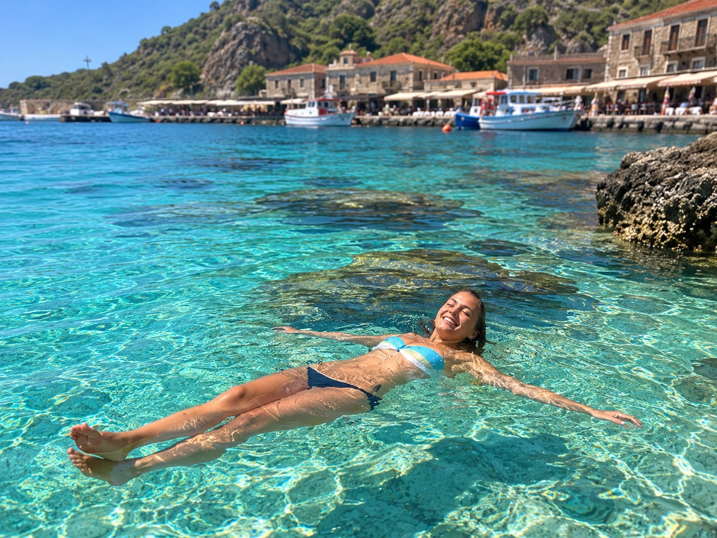 Swimmers in clear water at Assos Ancient Harbor
