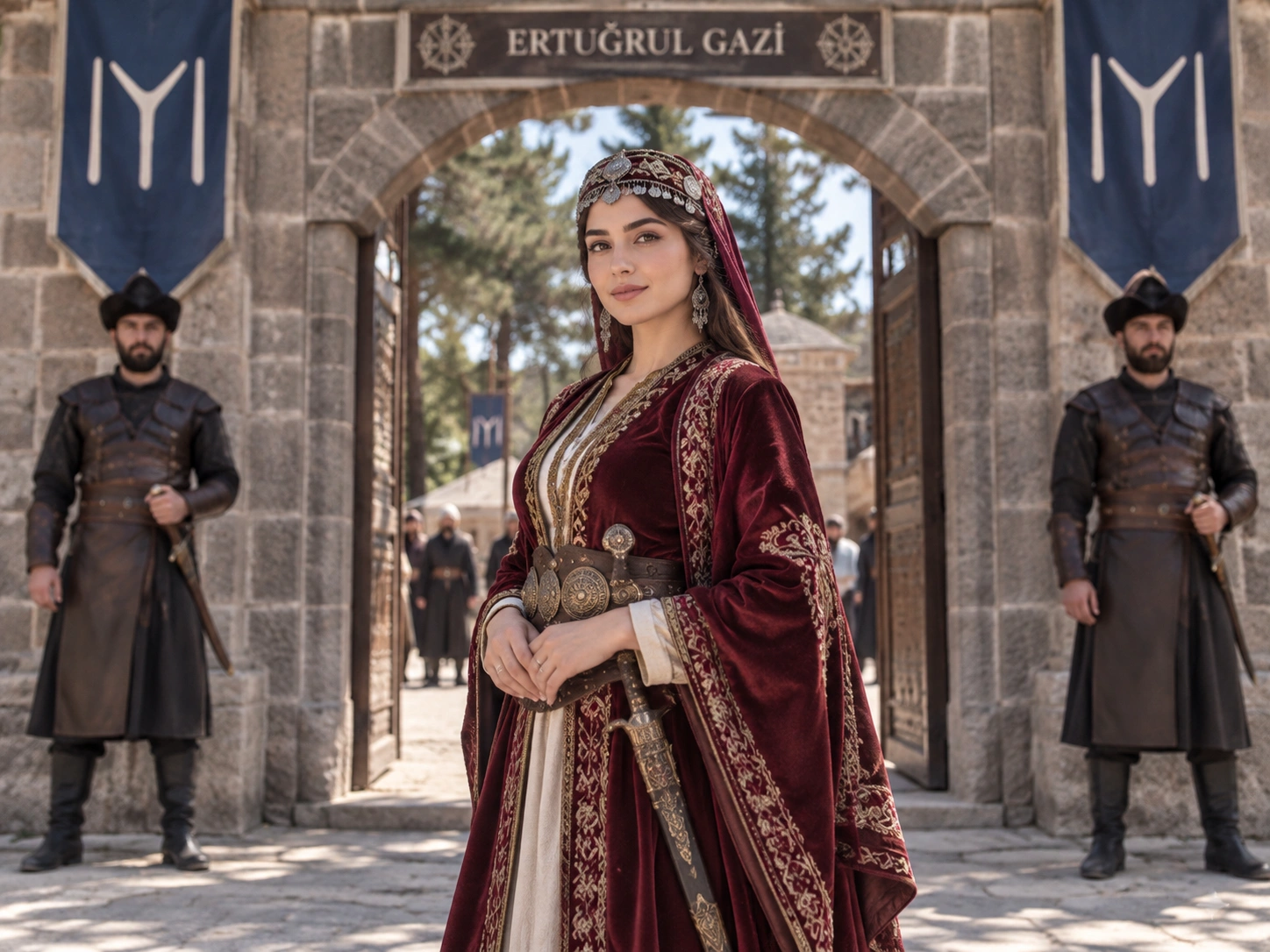 Ertuğrul Gazi Türbesi kompleksinde Kayı bayrakları ve tören kapısı