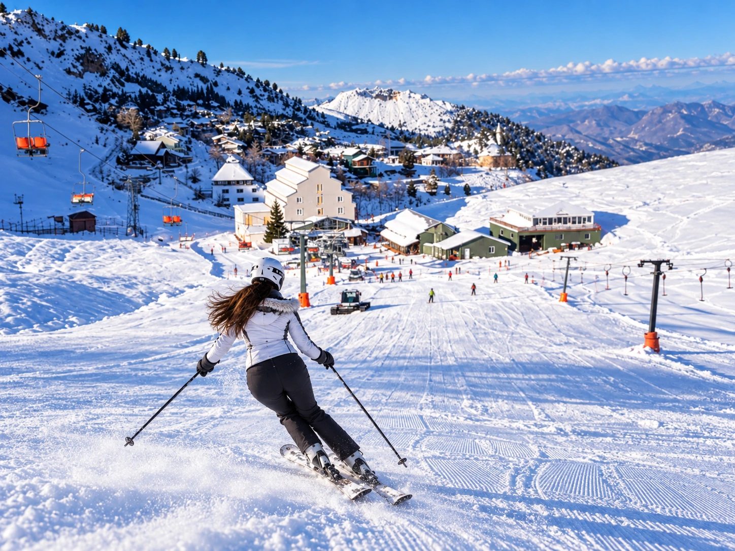 Skier above base village buildings at Saklıkent Ski Center