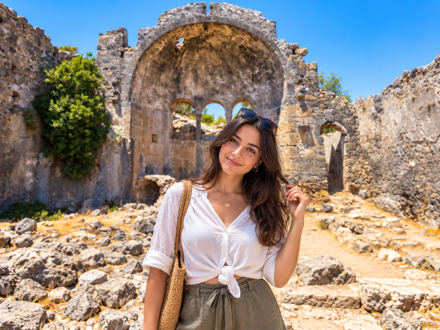Multi-arch stone ruins among pines at Phaselis Ancient City