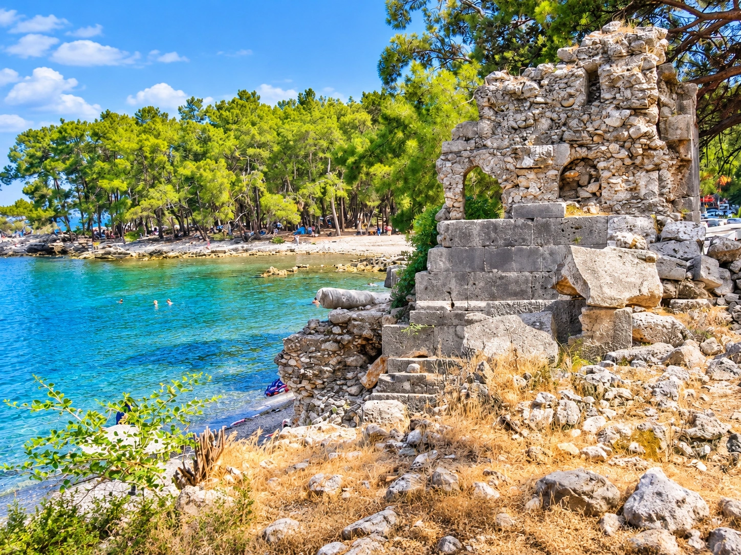 North Harbor bay with quay ruins and pine forest at Phaselis