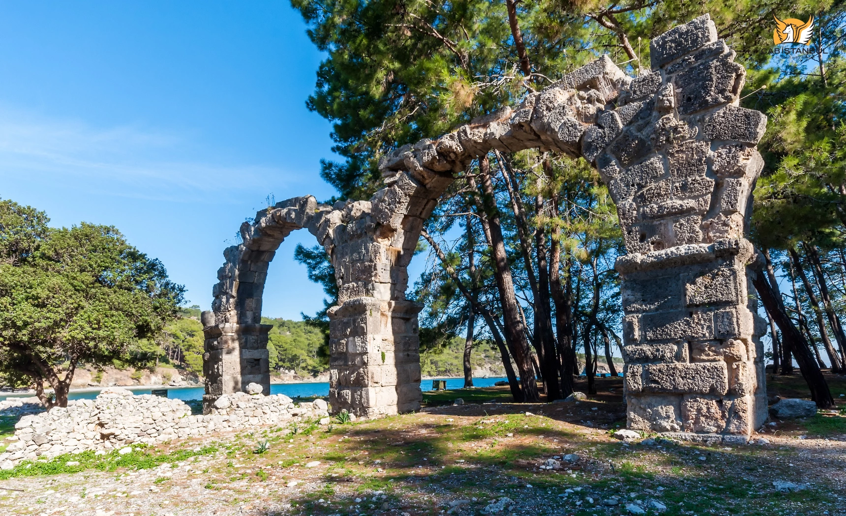 Roman aqueduct arches at Phaselis with sea visible through pine trees