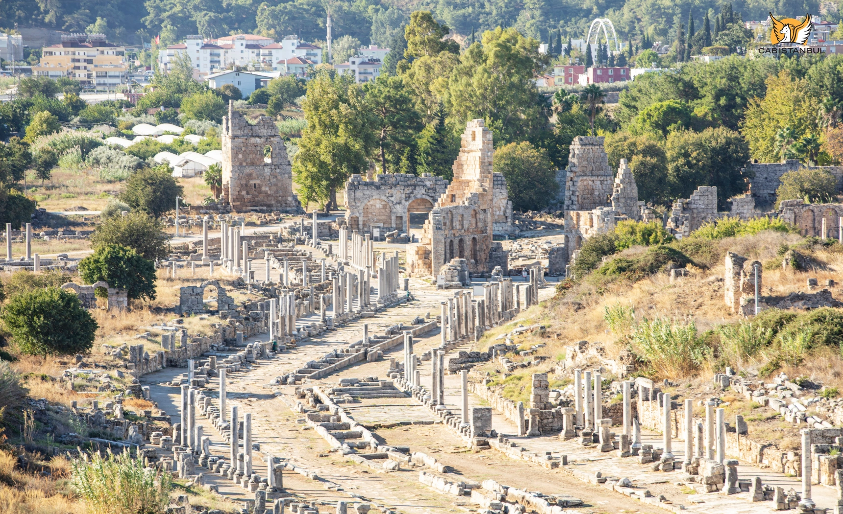 Ground-level colonnaded street with water canal at Perge Ancient City