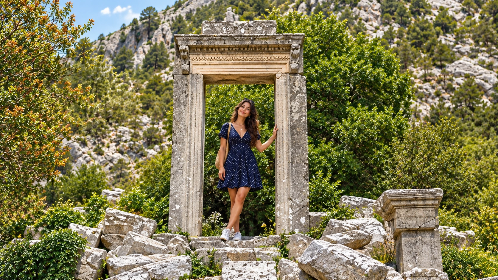 Monumental stone doorway with carved lintel on the mountain ascent at Termessos Ancient City