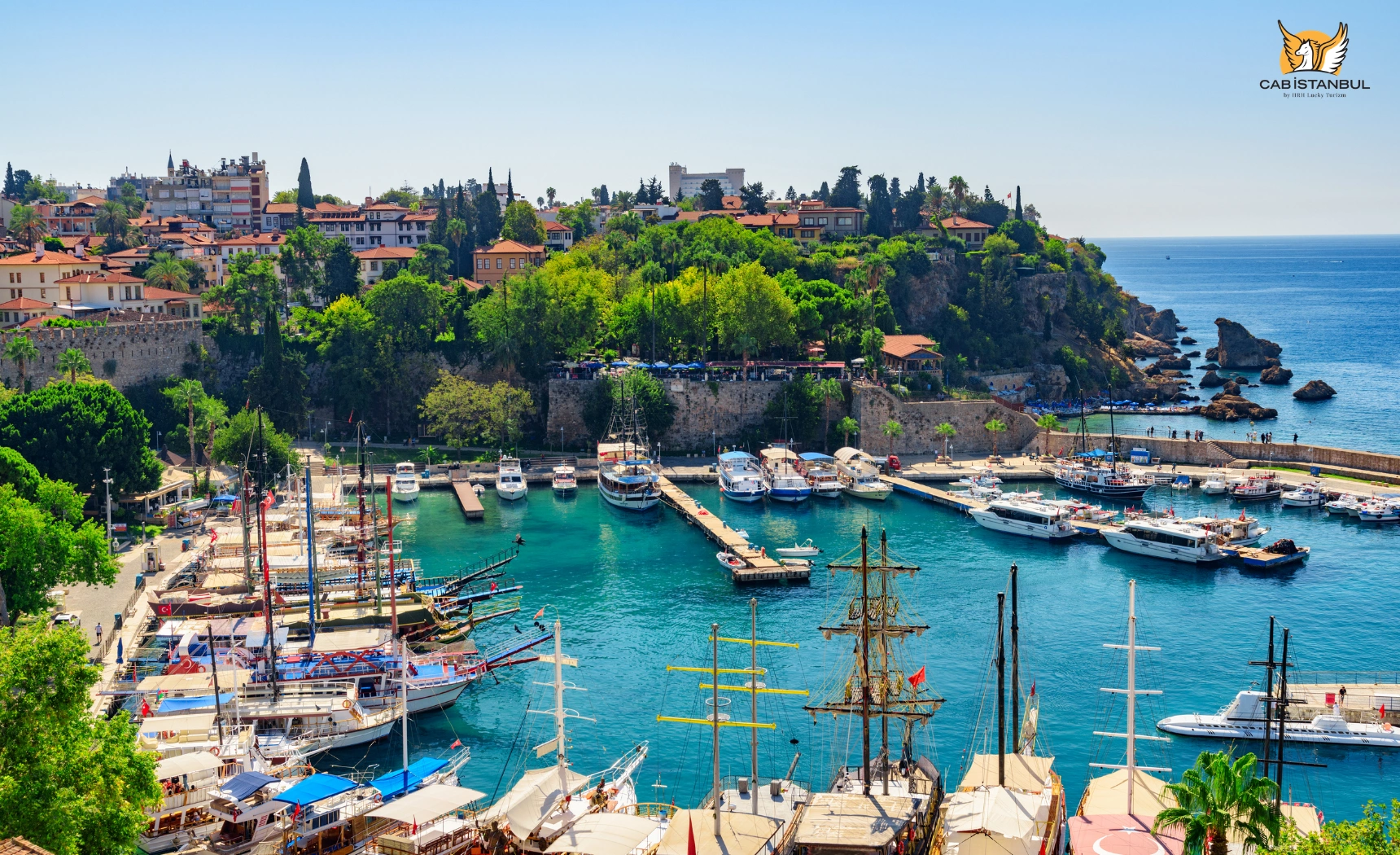 Panoramic view of Antalya Kaleiçi Old Harbor and marina basin