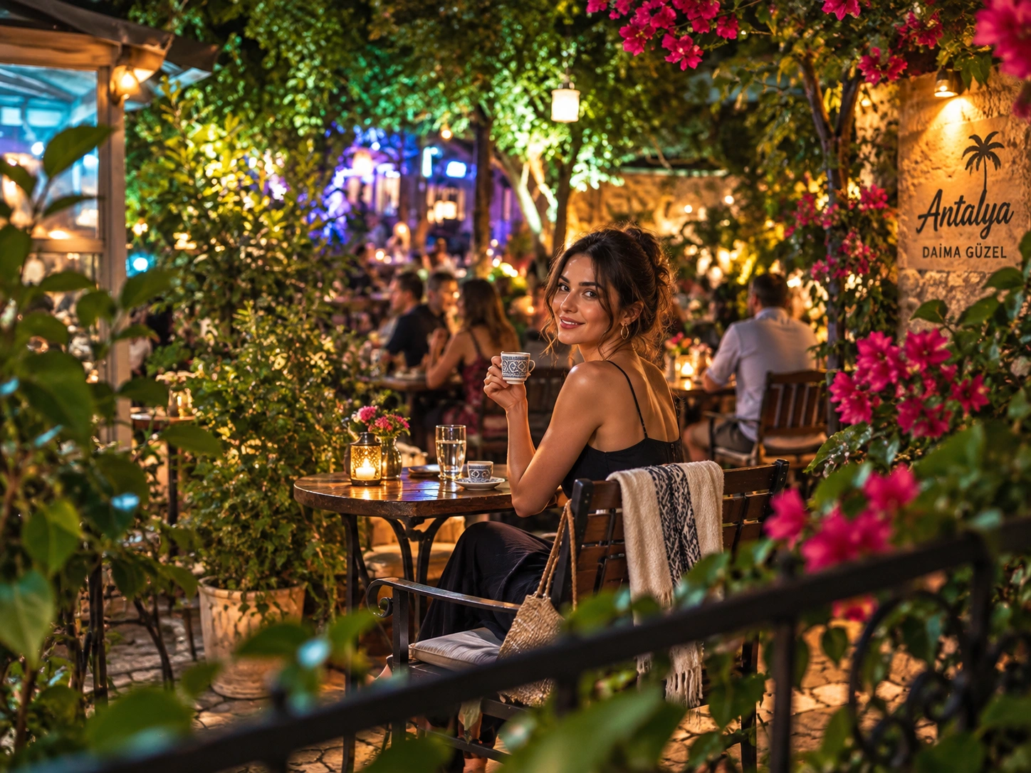 Outdoor café seating on a shaded Kaleiçi street with potted plants and stone walls