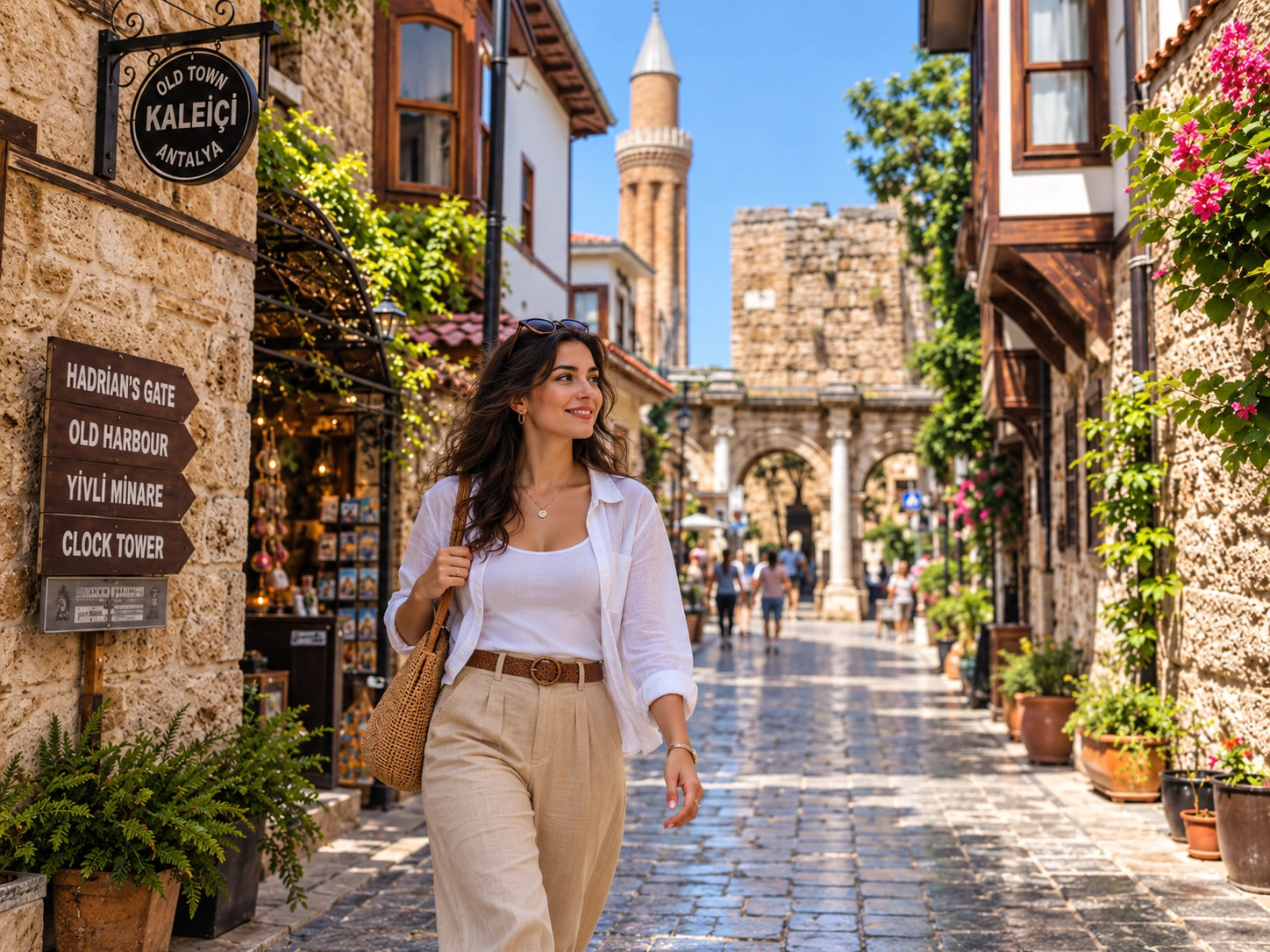 Narrow Kaleiçi stone street with Yivli Minare rising above Ottoman-era rooftops