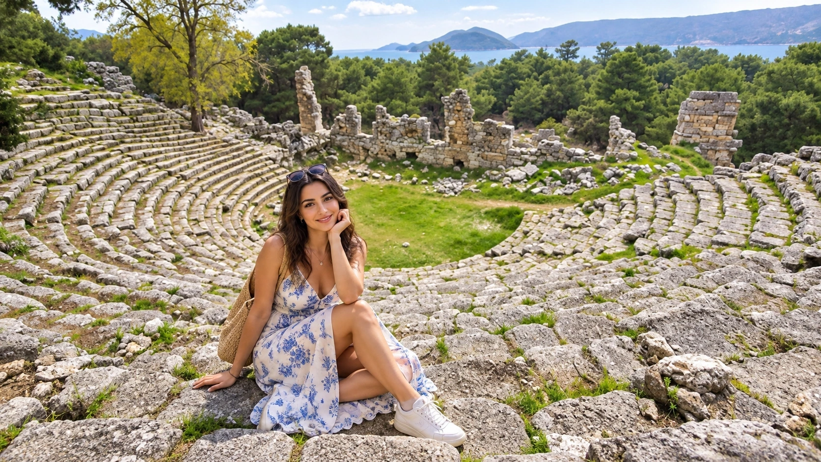 Stone theatre cavea at Phaselis Ancient City among pine trees near the Mediterranean