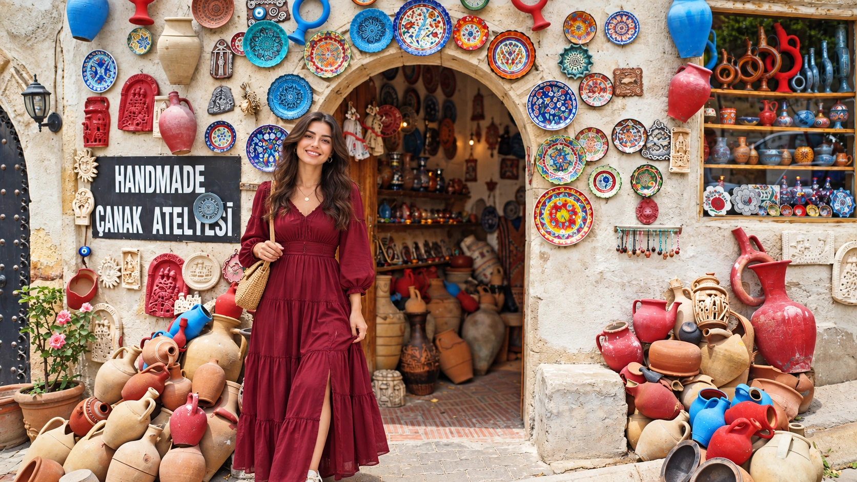 Ceramic shop display of plates and pottery in Avanos