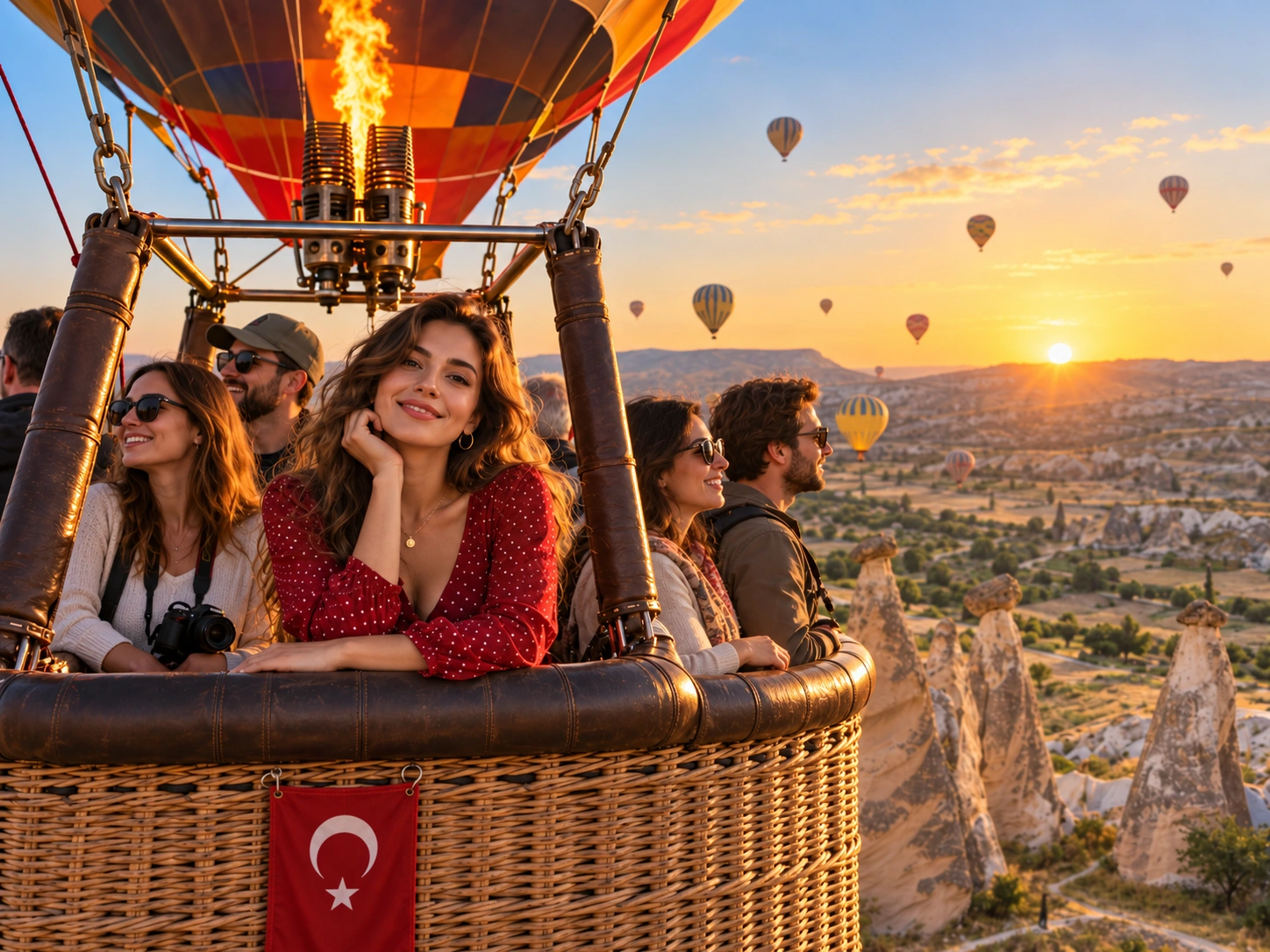 Hot air balloon context near fairy chimneys in Cappadocia
