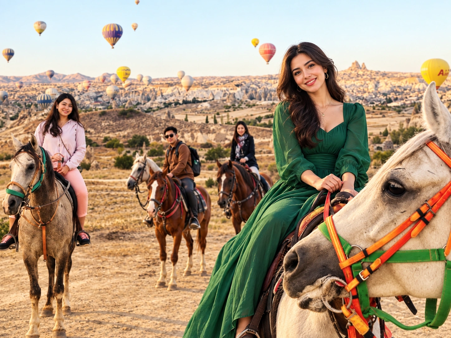 Horse riding among fairy chimneys in Cappadocia
