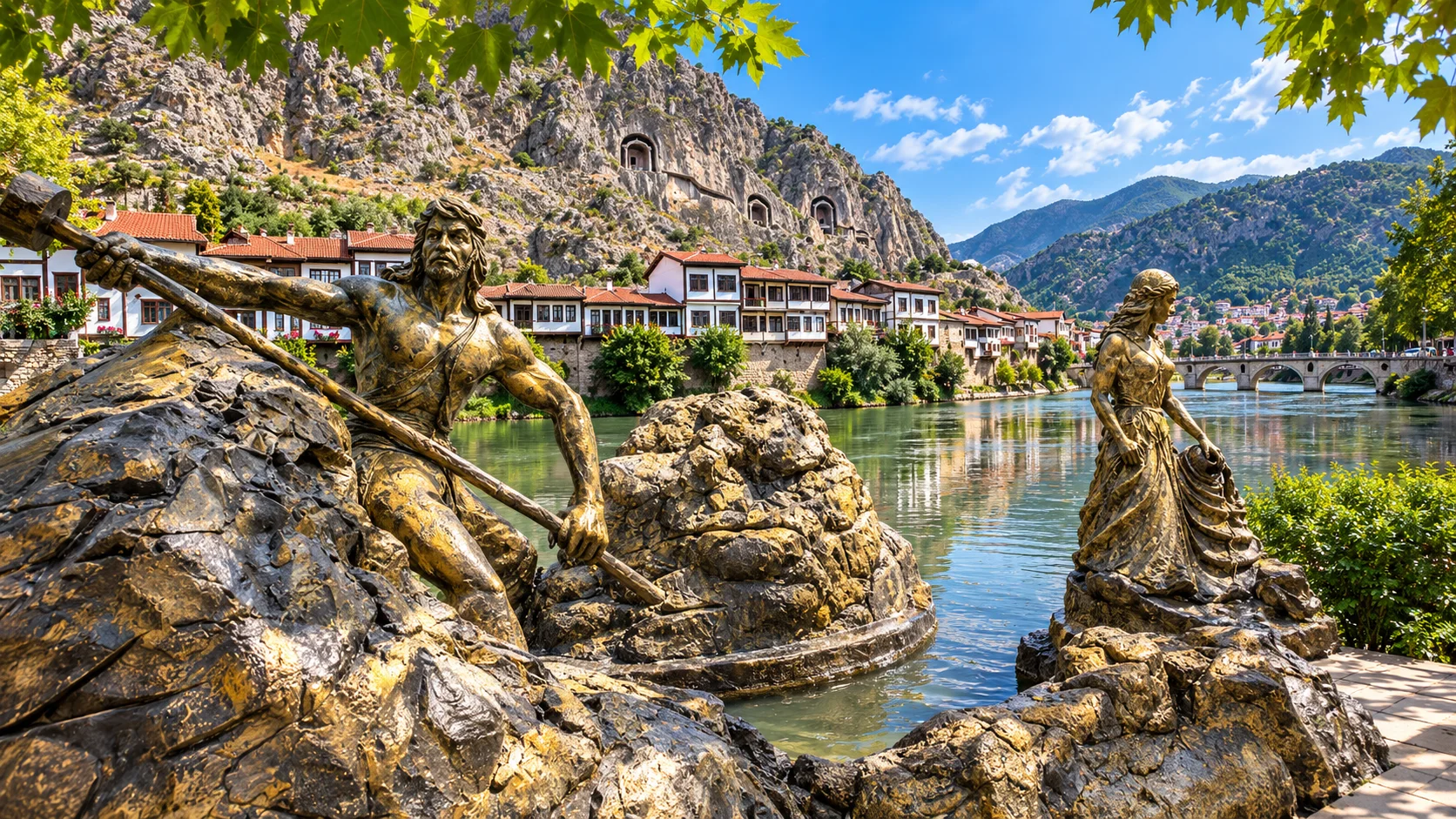 Artistic depiction of the Turkish-Persian legend of Ferhat and Şirin, associated with the rock-carved landscape of Amasya