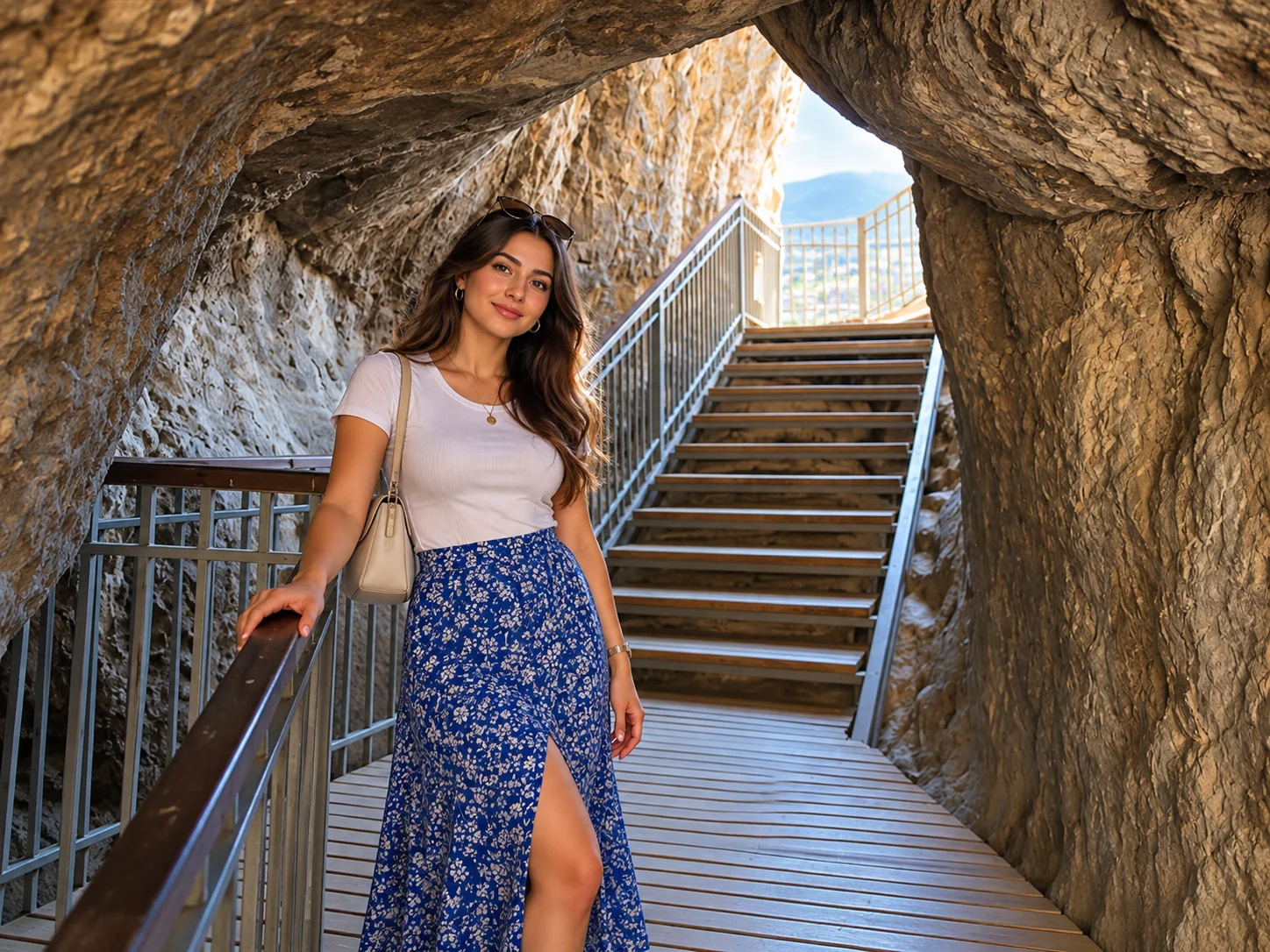 Stone staircase path ascending the Harşena cliff face toward the Pontic rock-cut tombs in Amasya