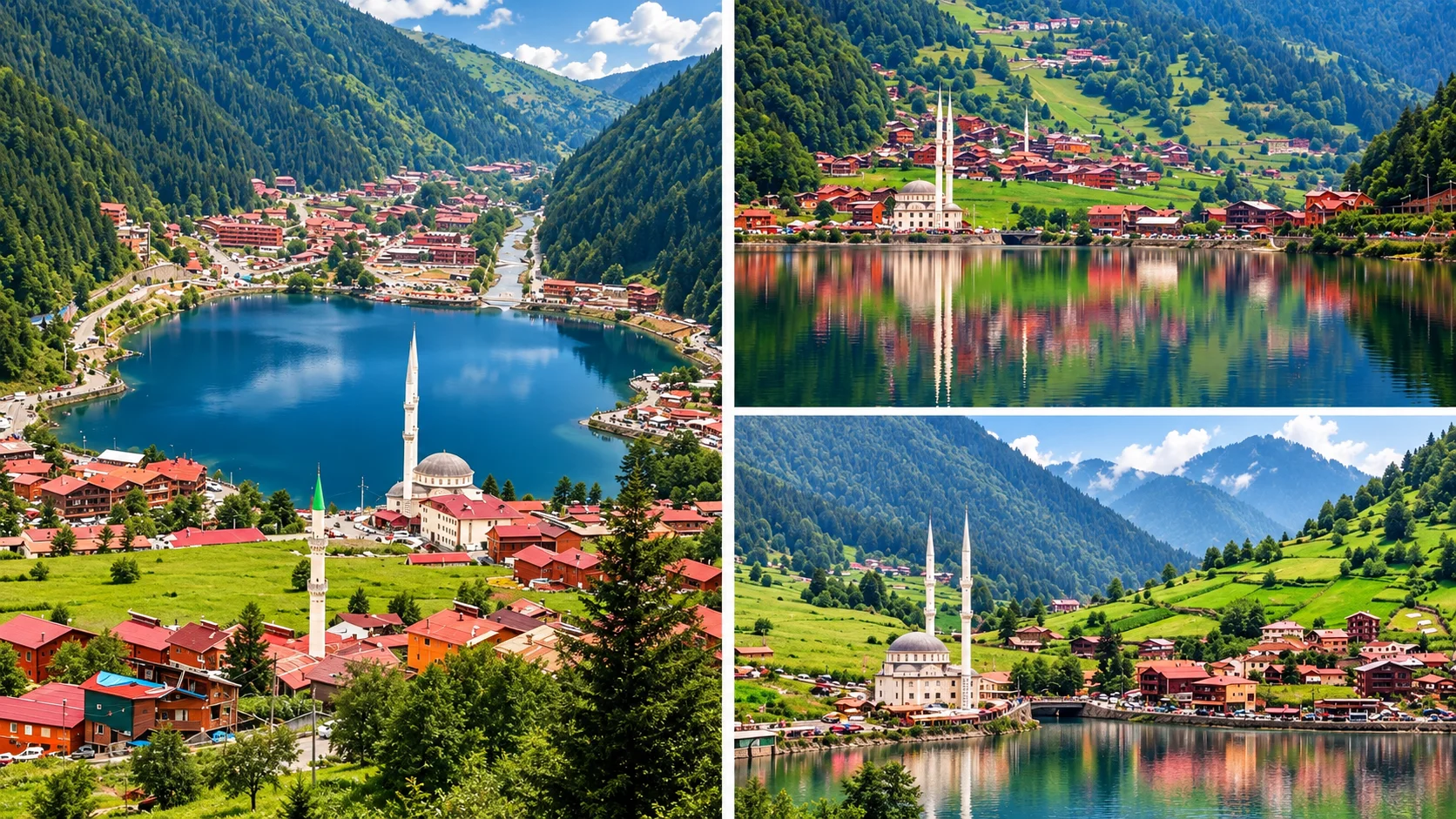 Uzungöl valley seen from the highlands above, the elongated lake visible between forested ridges