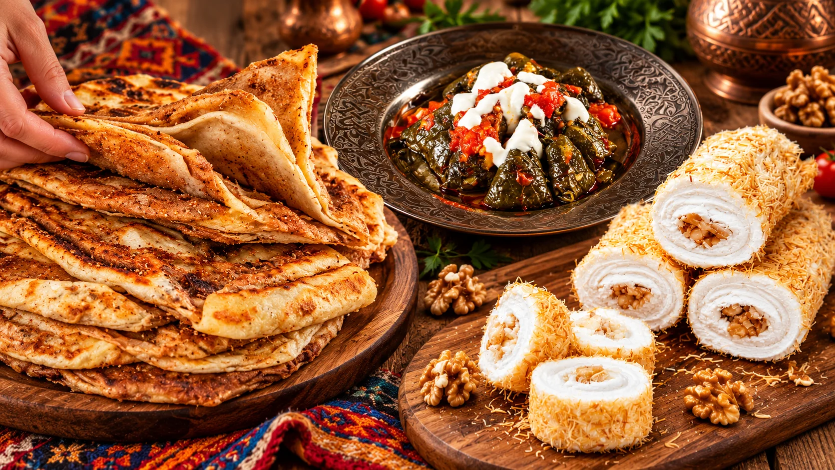 Afyon Lokum mit Büffelrahmfüllung und İlibada-Sarması auf einem traditionellen Teller