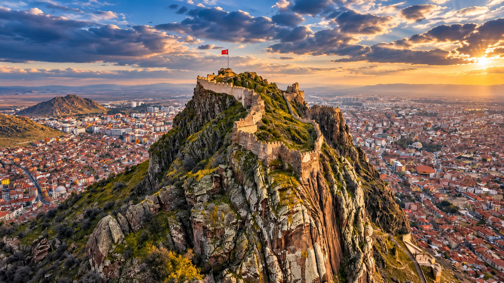 Afyon Burg auf ihrem vulkanischen Felsen hoch über der Stadtsilhouette