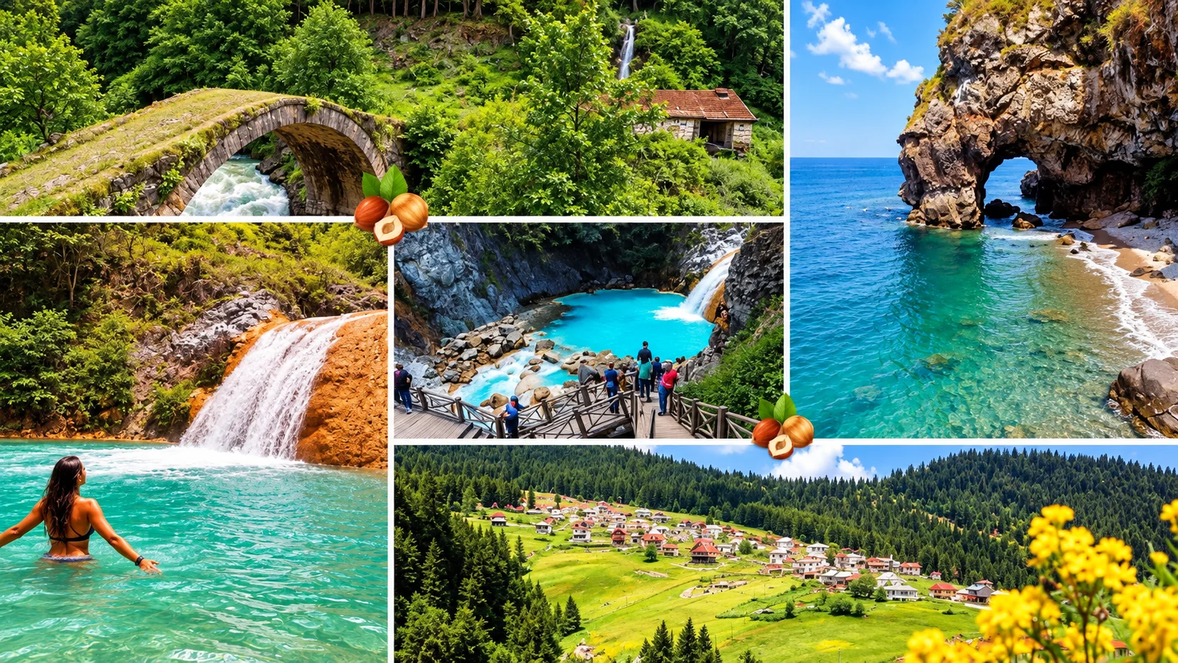 Giresun collage — island, waterfall and hazelnut groves