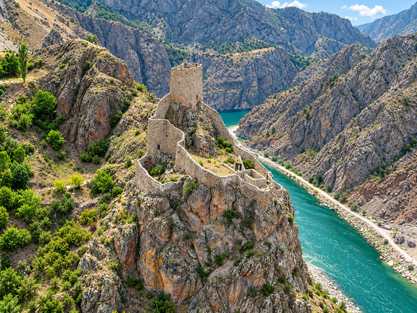Artvin Kalesi (Livane Kalesi) kayalık yamaçta Çoruh Nehri üzerinde
