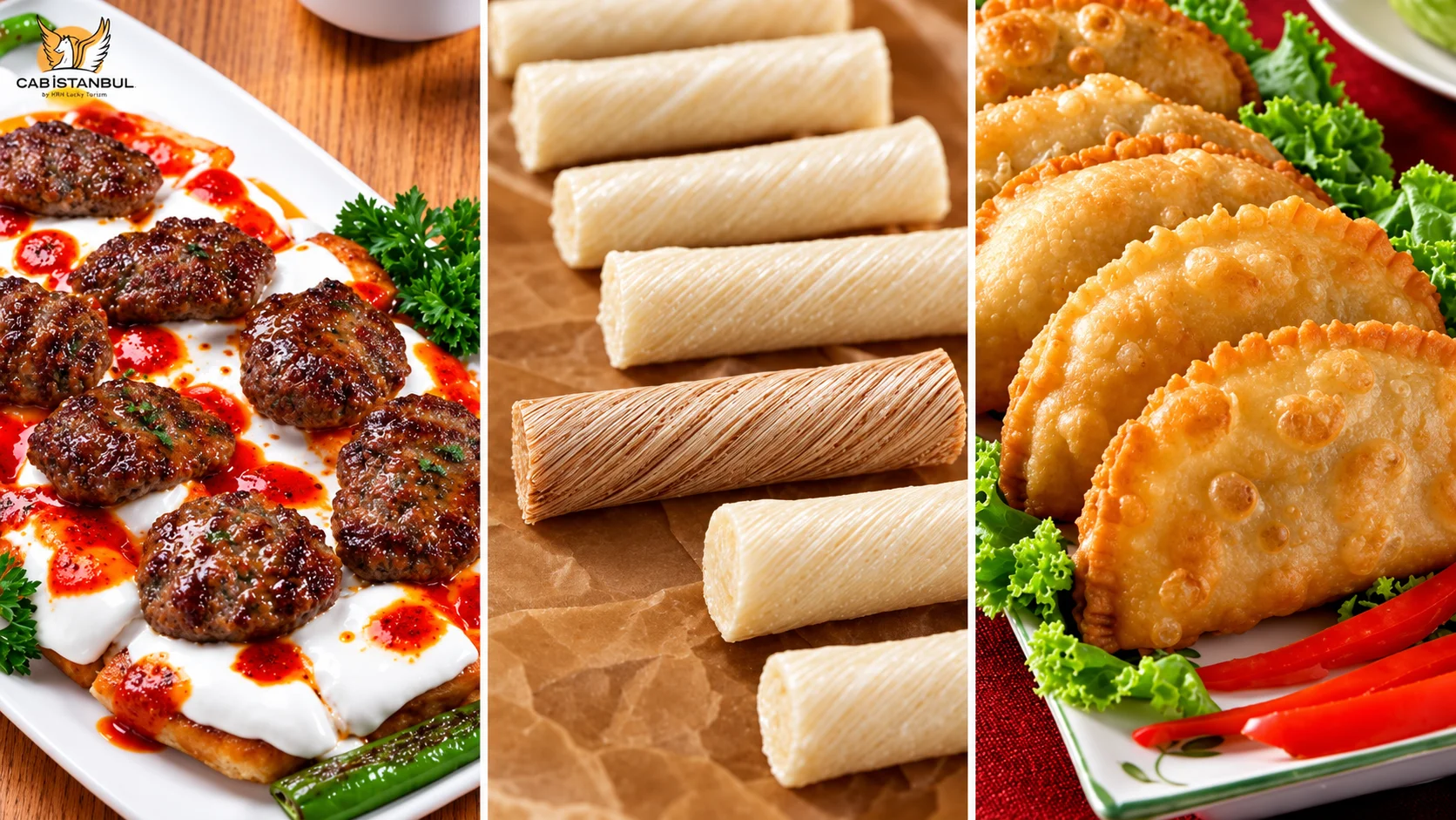Bir restoran masasında çibörek ve balaban alabalığı dahil Eskişehir yöresel yemeklerinden bir seçki