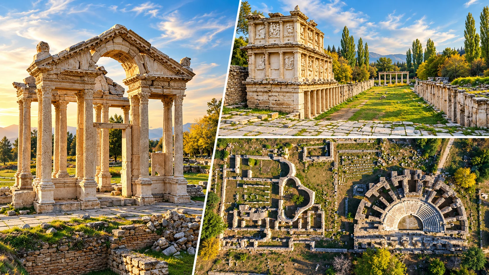 Afrodisias antik kenti: ön planda Afrodit Tapınağı sütunları, arka planda sağlam korunmuş stadyum — Karacasu, Aydın