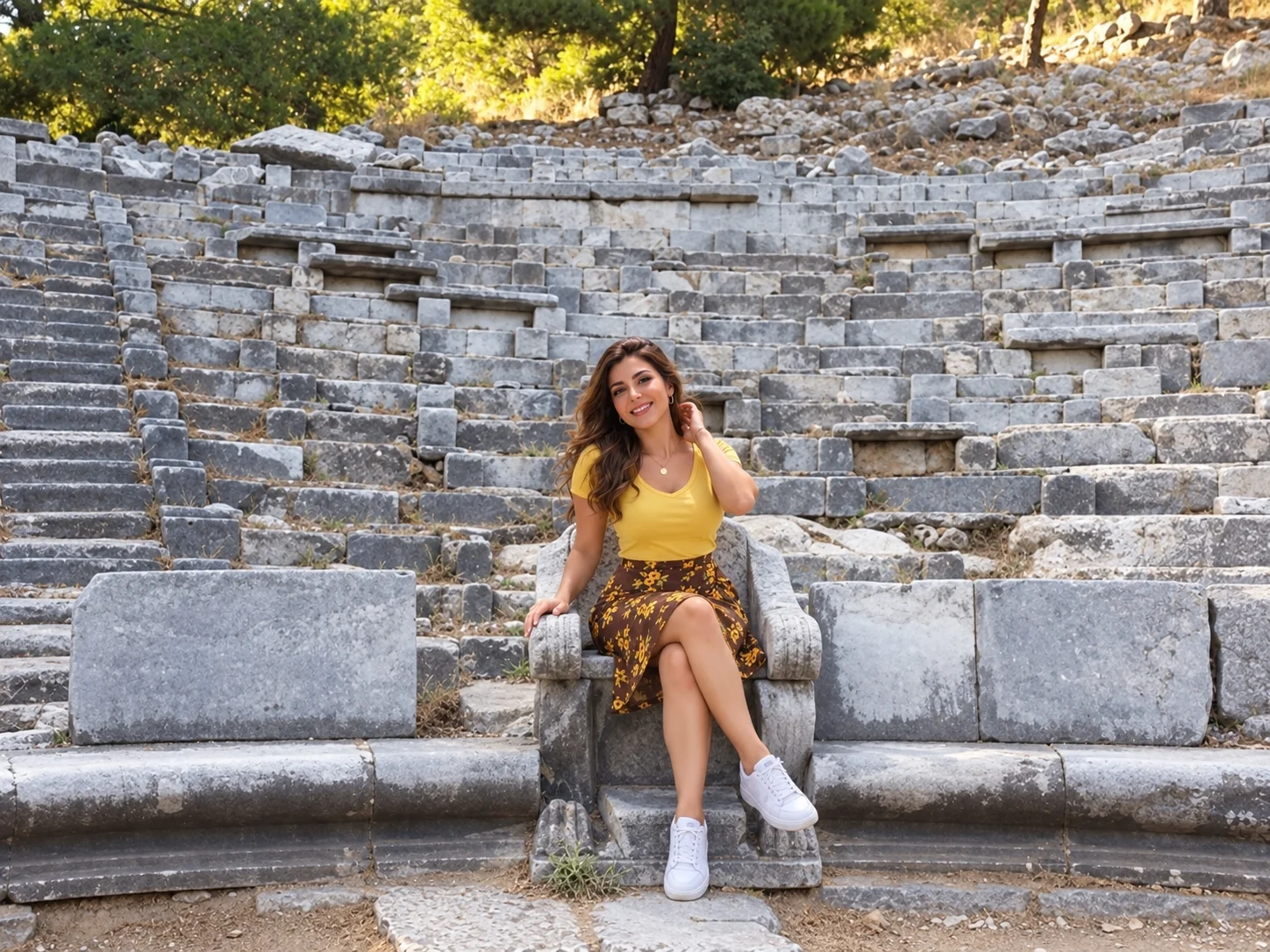 Priene antik kenti yamaç kalıntıları, Athena Tapınağı sütunları açık gökyüzü arka planında