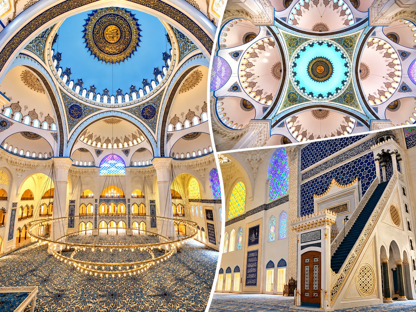 Büyük Çamlıca Camii iç mekân — merkezi kubbe, İznik çinileri ve hat panelleriyle ana ibadet salonu