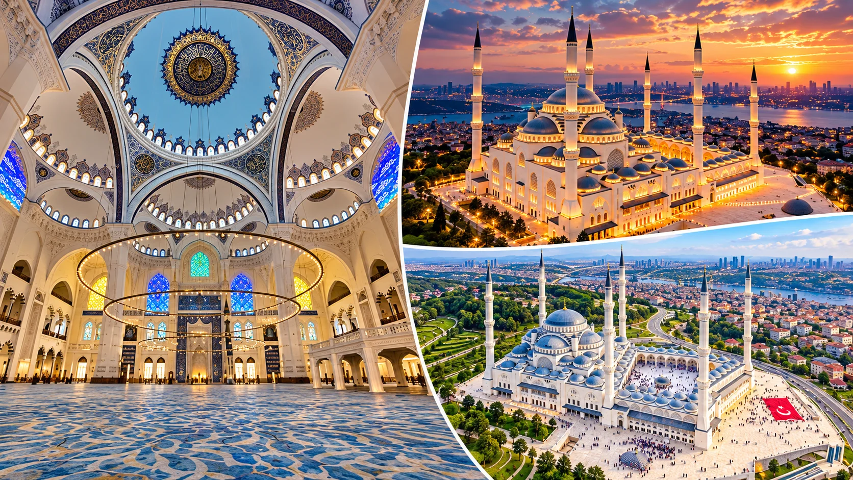 Büyük Çamlıca Camii dış görünüm — Üsküdar'da Çamlıca Tepesi'nden Boğaz'a yükselen altı minareli cami silüeti, İstanbul