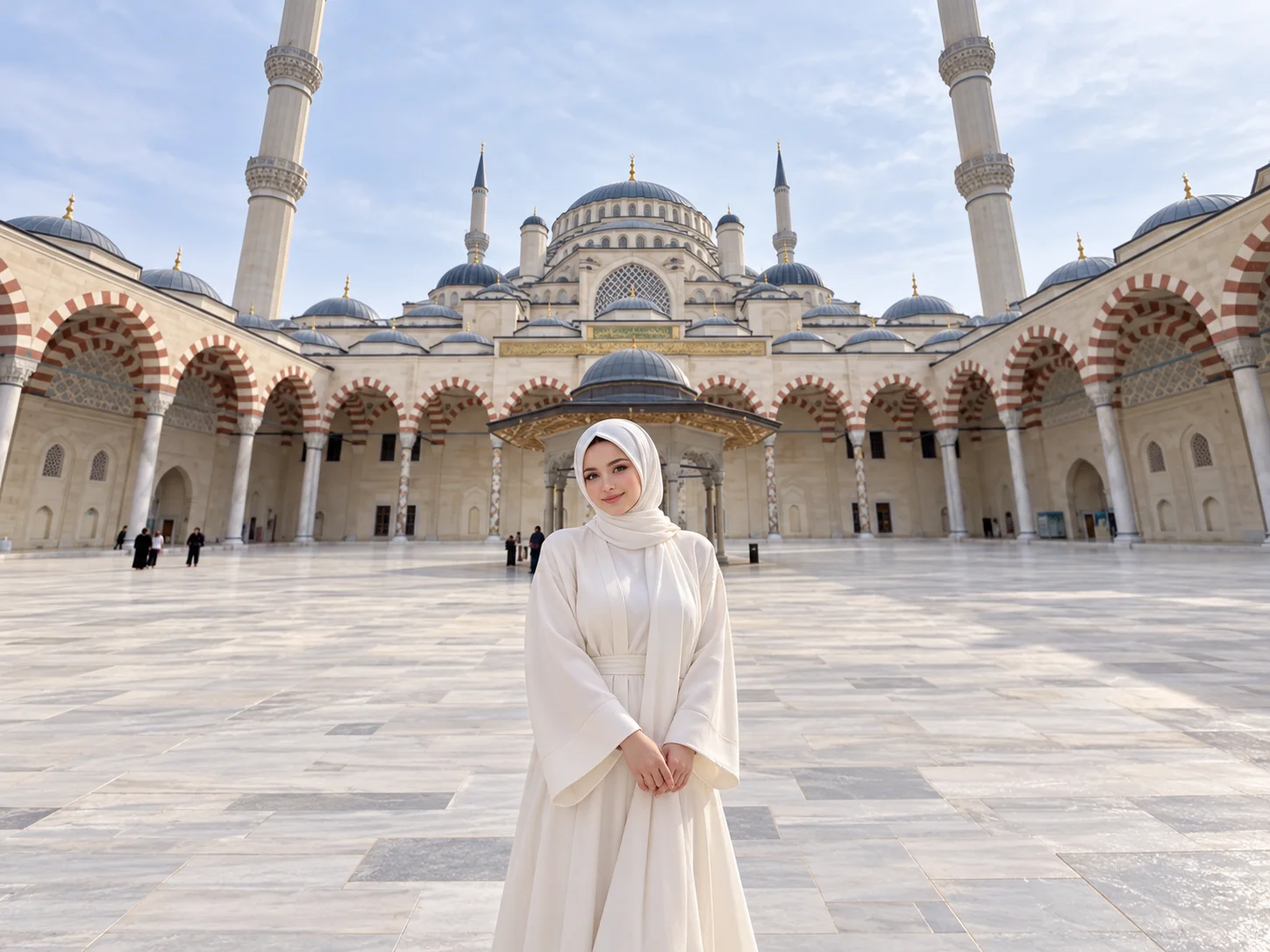 Büyük Çamlıca Camii dış avlusu — revakların arkasından İstanbul ve Boğaz manzarası