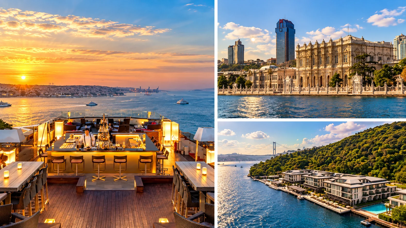 İstanbul Boğaz manzaralı oteller — her iki yakadan boğaz ve kıyı tesisleri panoraması