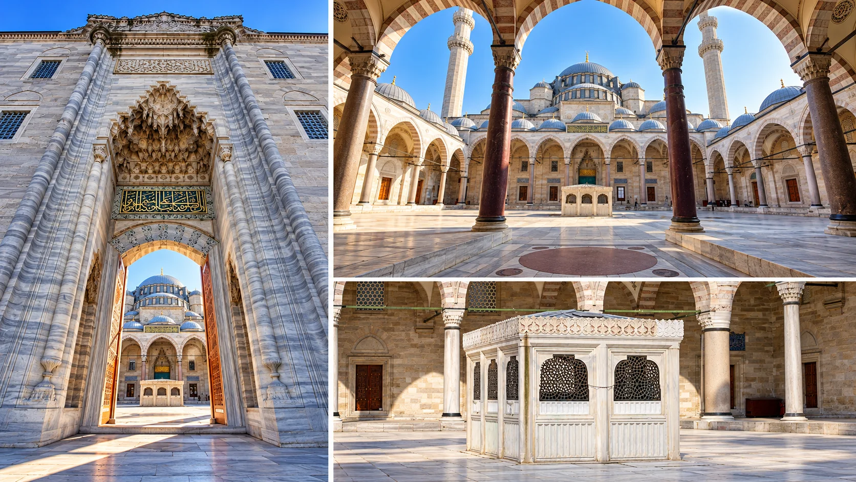 Süleymaniye Camii avlusu, şadırvan ve revaklı koridorlar