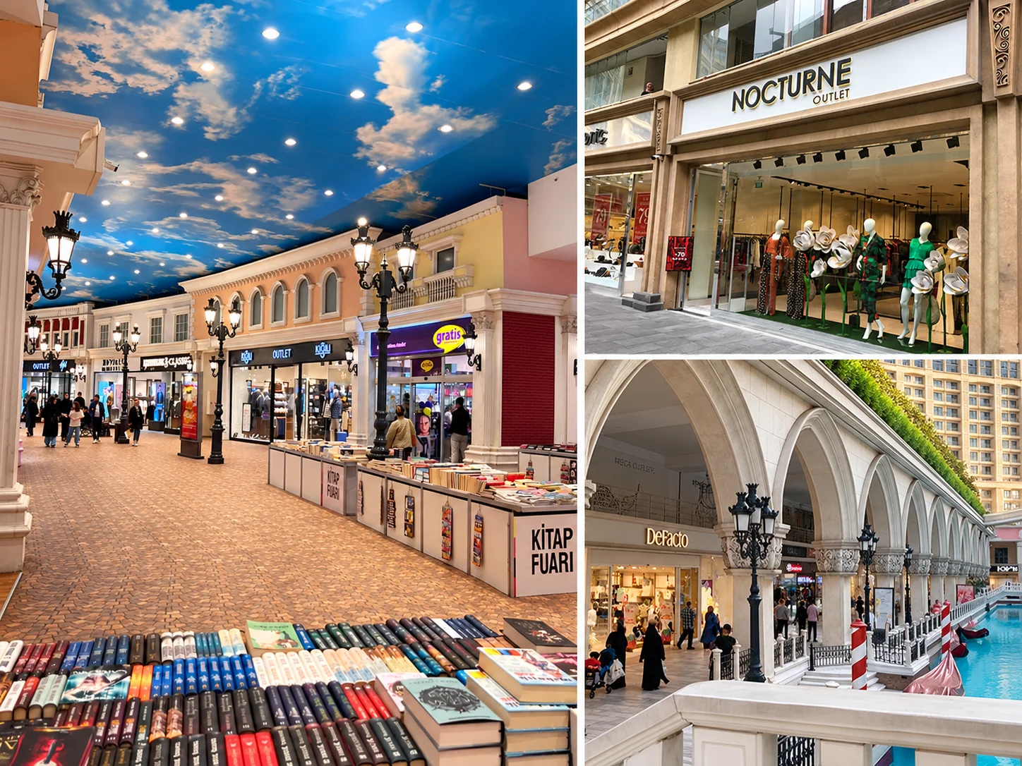 Venezia Mega Outlet mağazalar koridoru, marka vitrini ve alışveriş yapan ziyaretçiler