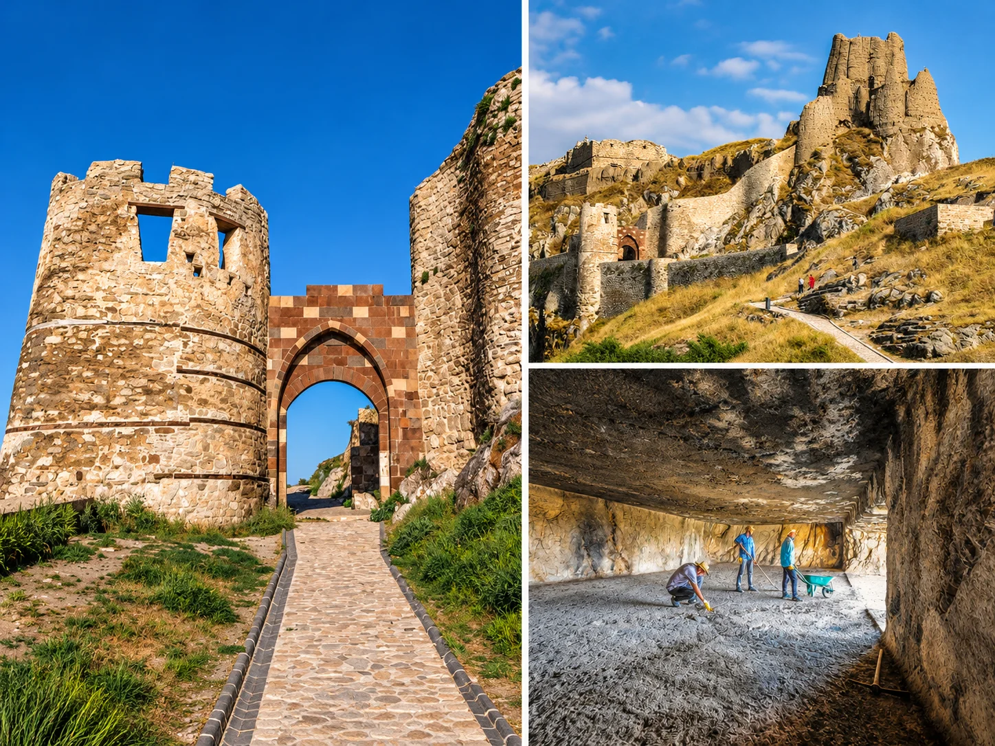 Van Kalesi kaya kütlesi ve Urartu surları, arka planda Van Gölü