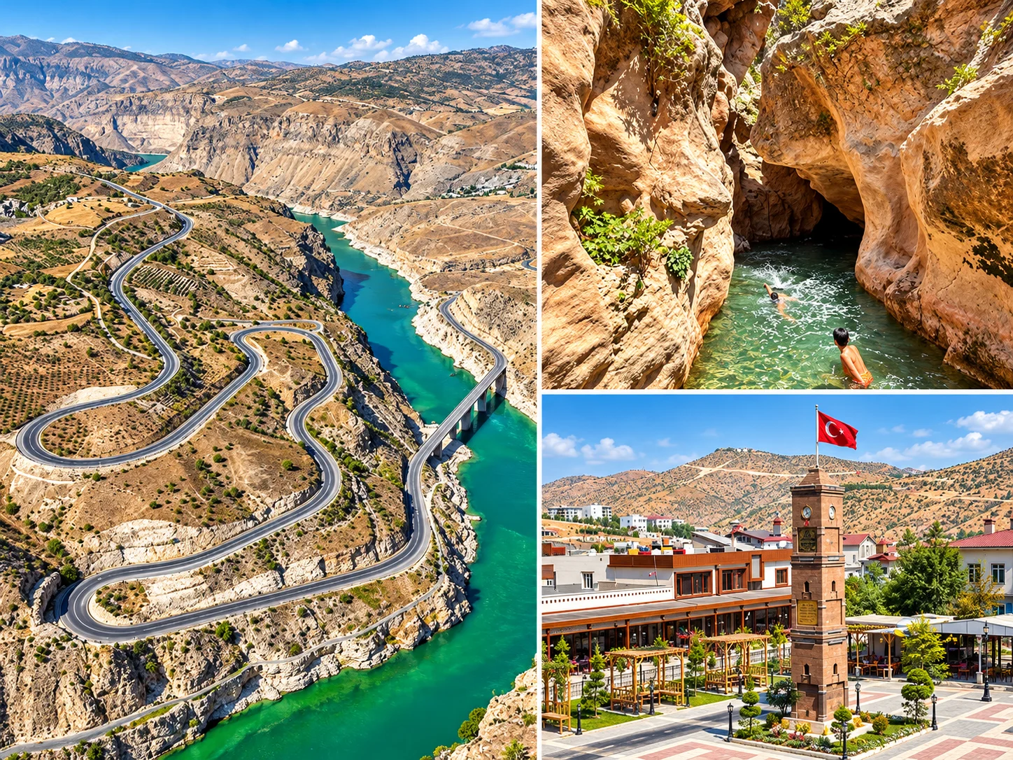 Turkuaz nehir vadisi boyunca kıvrılan yol ve kayalık kanyon
