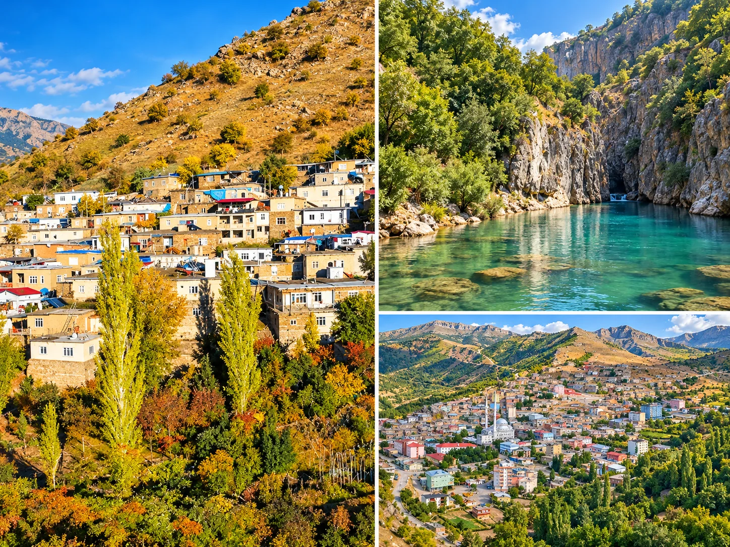 Yamaca kurulu Pervari yerleşimi, kayalık göl ve dağ manzarası