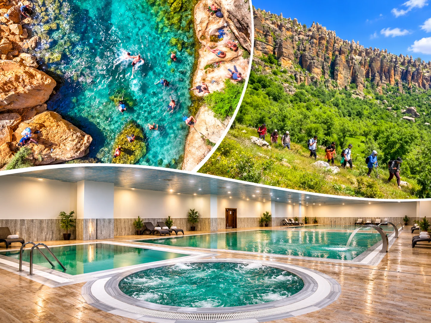Turkuaz doğal havuzlar, yürüyüş yamacı ve kapalı otel termal havuzu