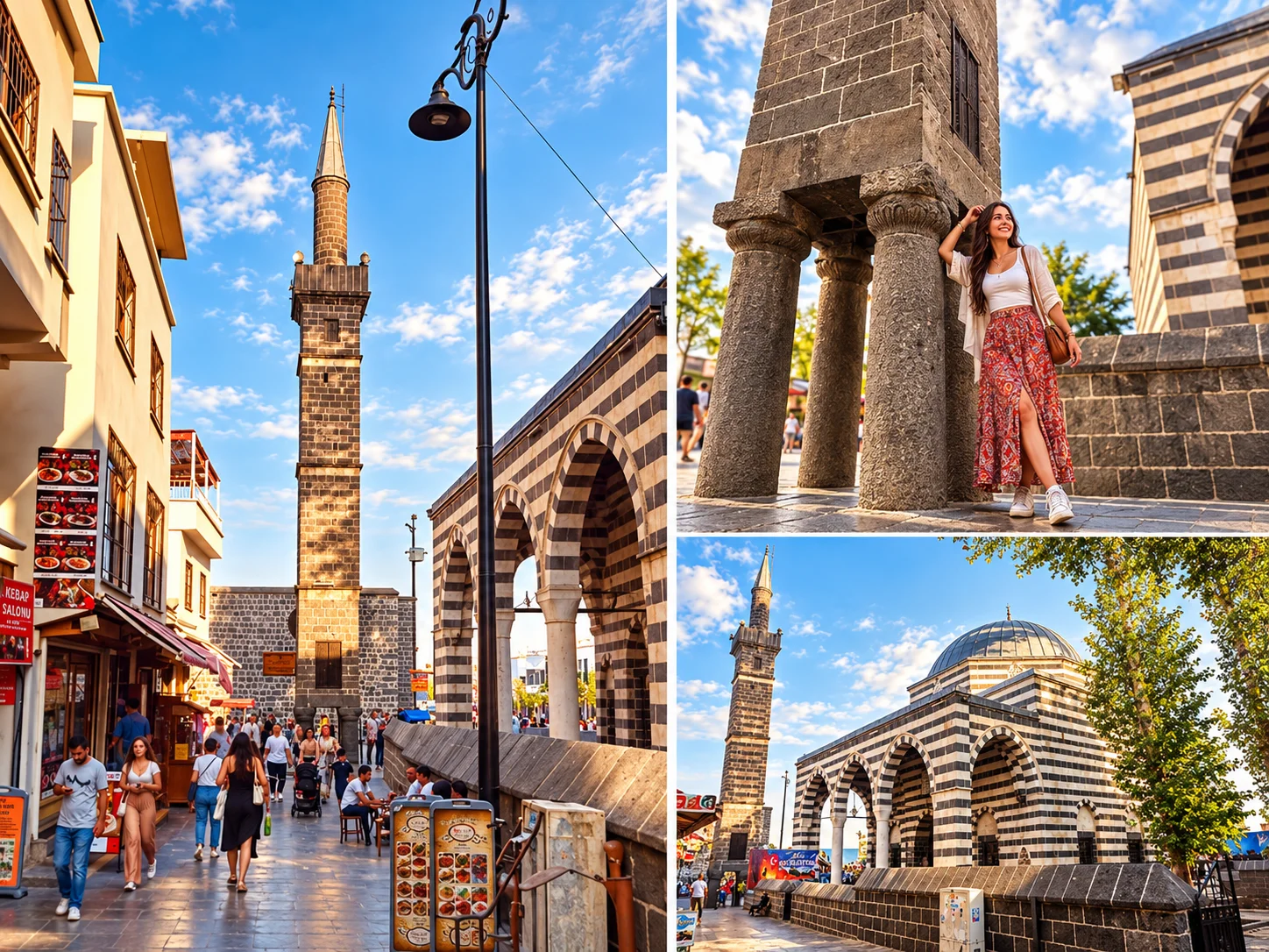 Dört ayak üzerinde yükselen minare, çevresindeki çarşı sokağı ve çizgili taş cami