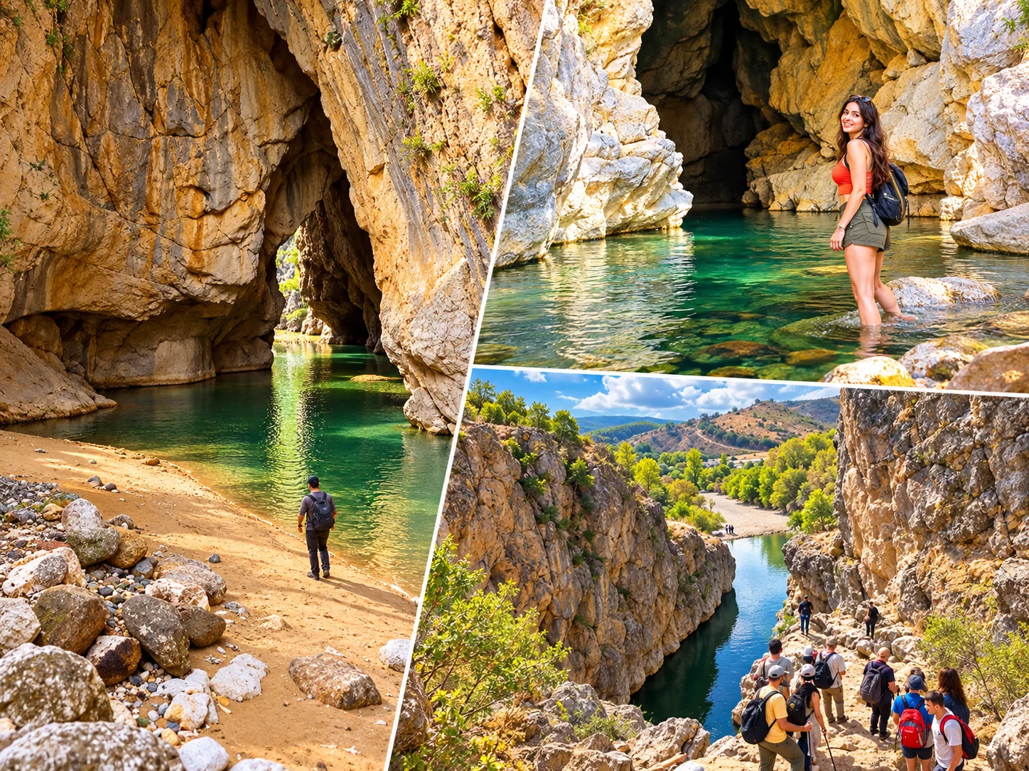 Kaya kemerli mağara girişi, yeşil su ve kanyonda yürüyen gezginler