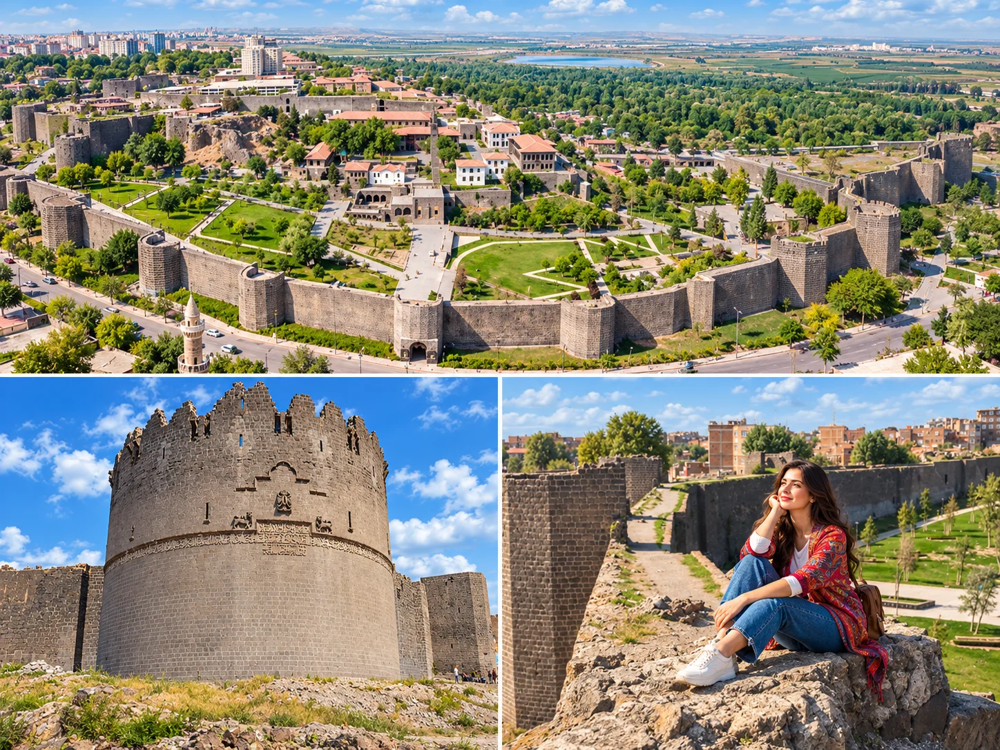 Yeşil alanlar ve kent üzerinde uzanan Diyarbakır surları ve yuvarlak burç