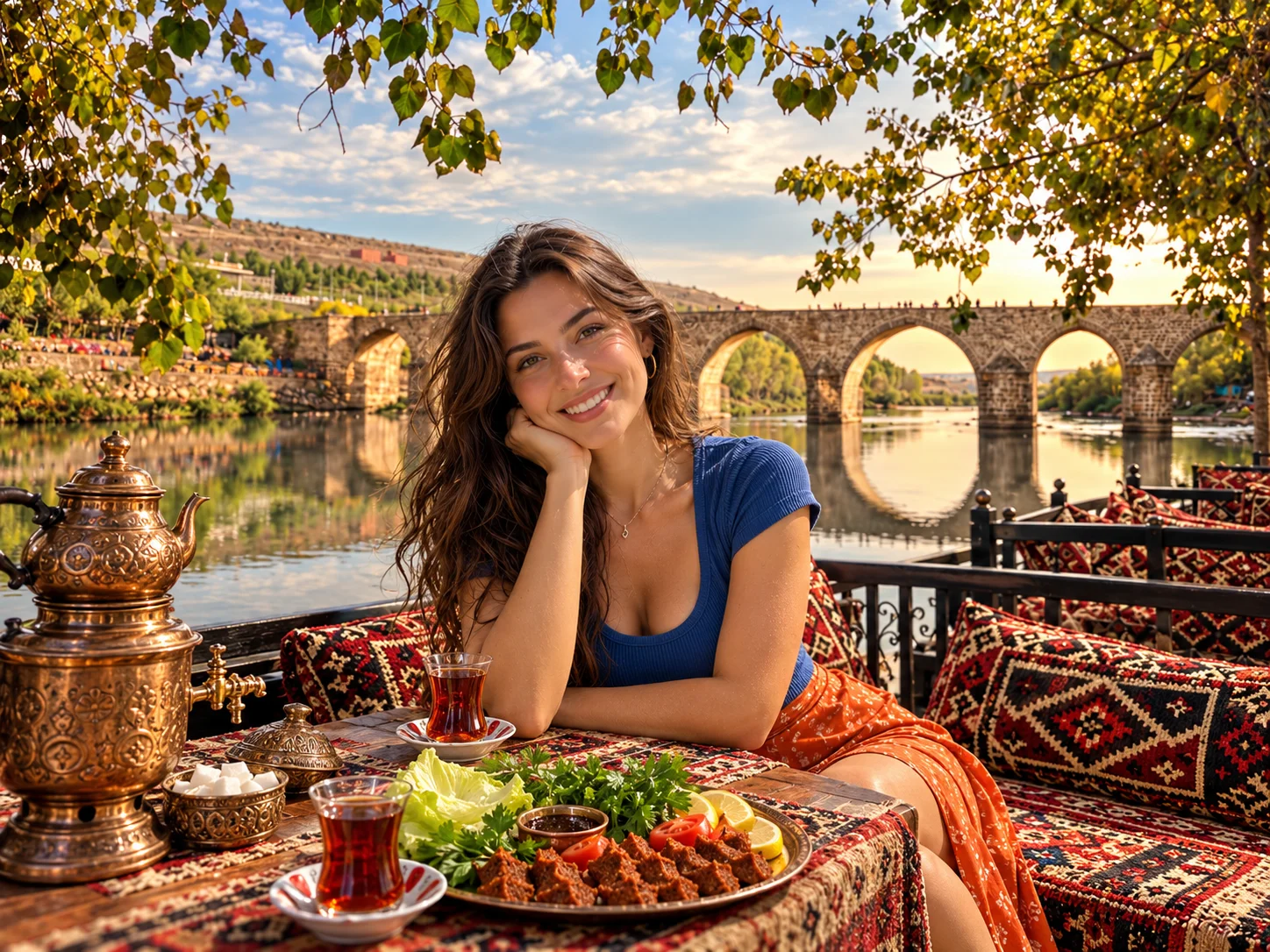 Dicle kıyısında çay sofrası ve arkada çok gözlü taş köprü