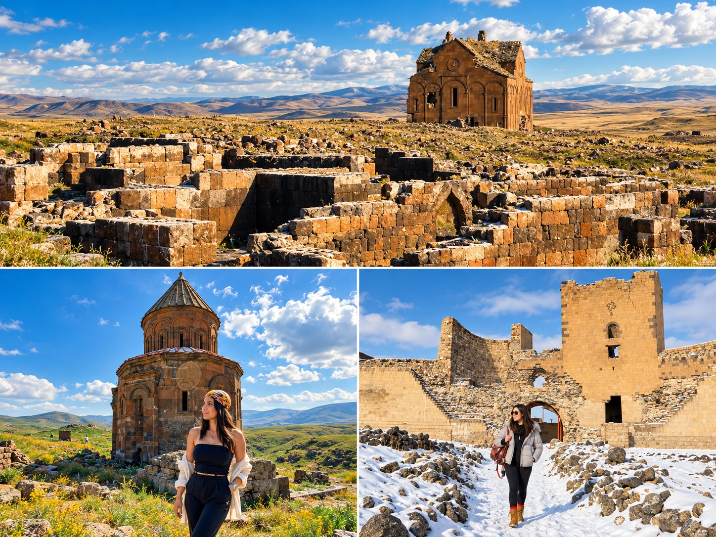 A three-scene collage of Ani with stone ruins on a plain, a domed church and a snow-covered wall tower