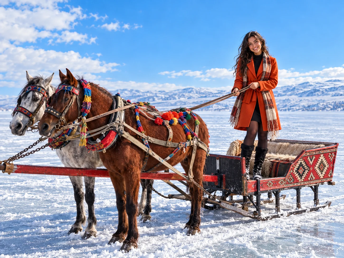 A decorated horse sleigh on a frozen lake with a person standing on it, snowy mountains behind