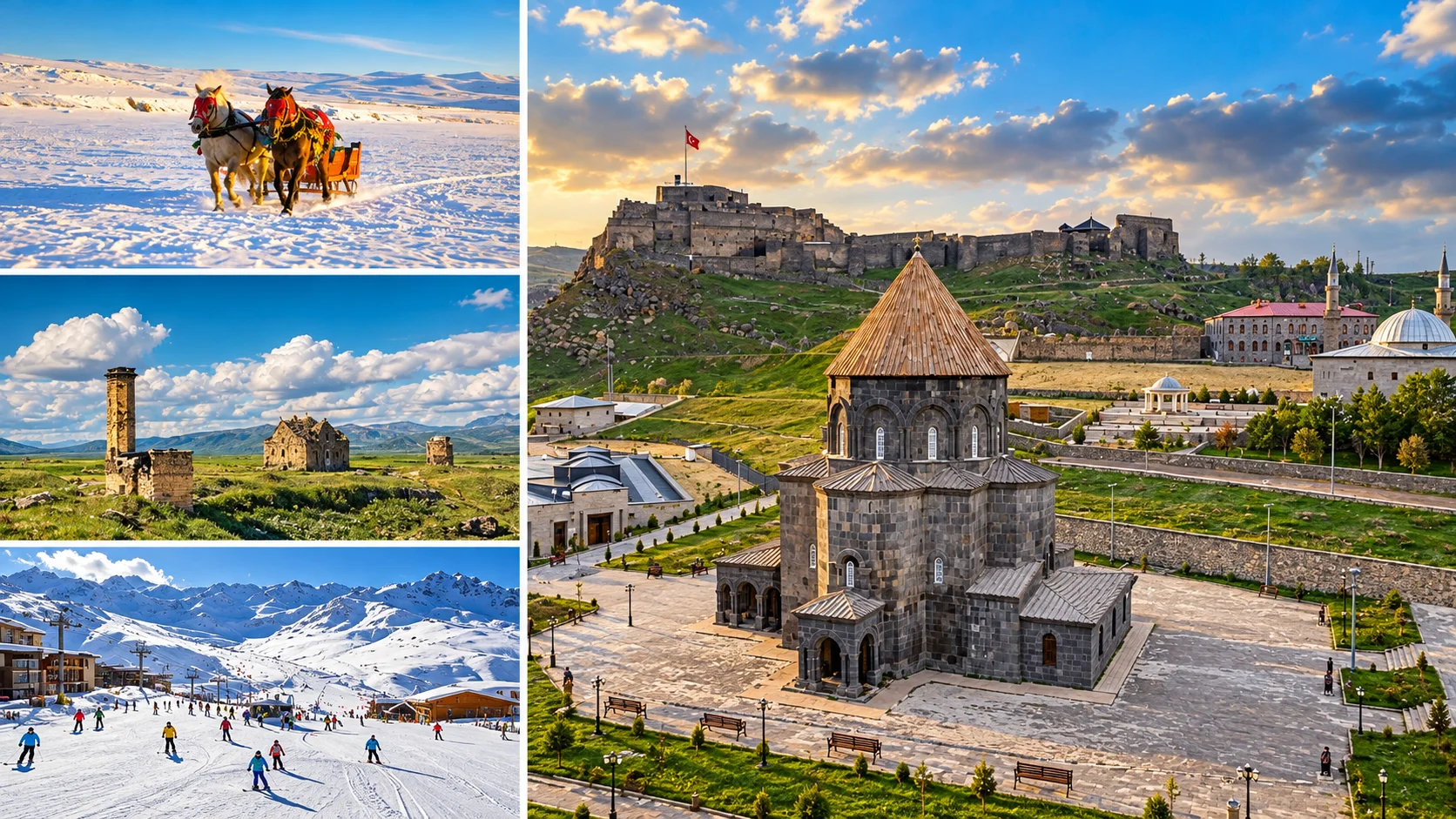 Kars collage with a horse sleigh in snow, tower ruins on a plain, a ski slope and Kumbet Mosque below Kars Castle