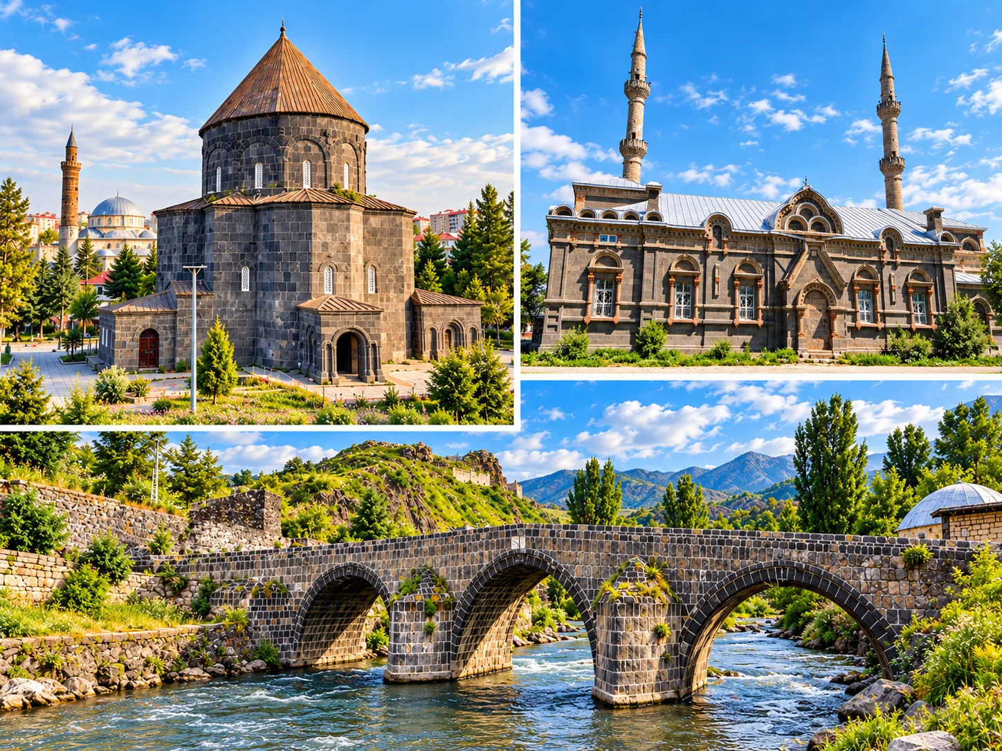 A collage of three structures: Kumbet Mosque, the twin-minaret Fethiye Mosque and the stone bridge over the Kars River