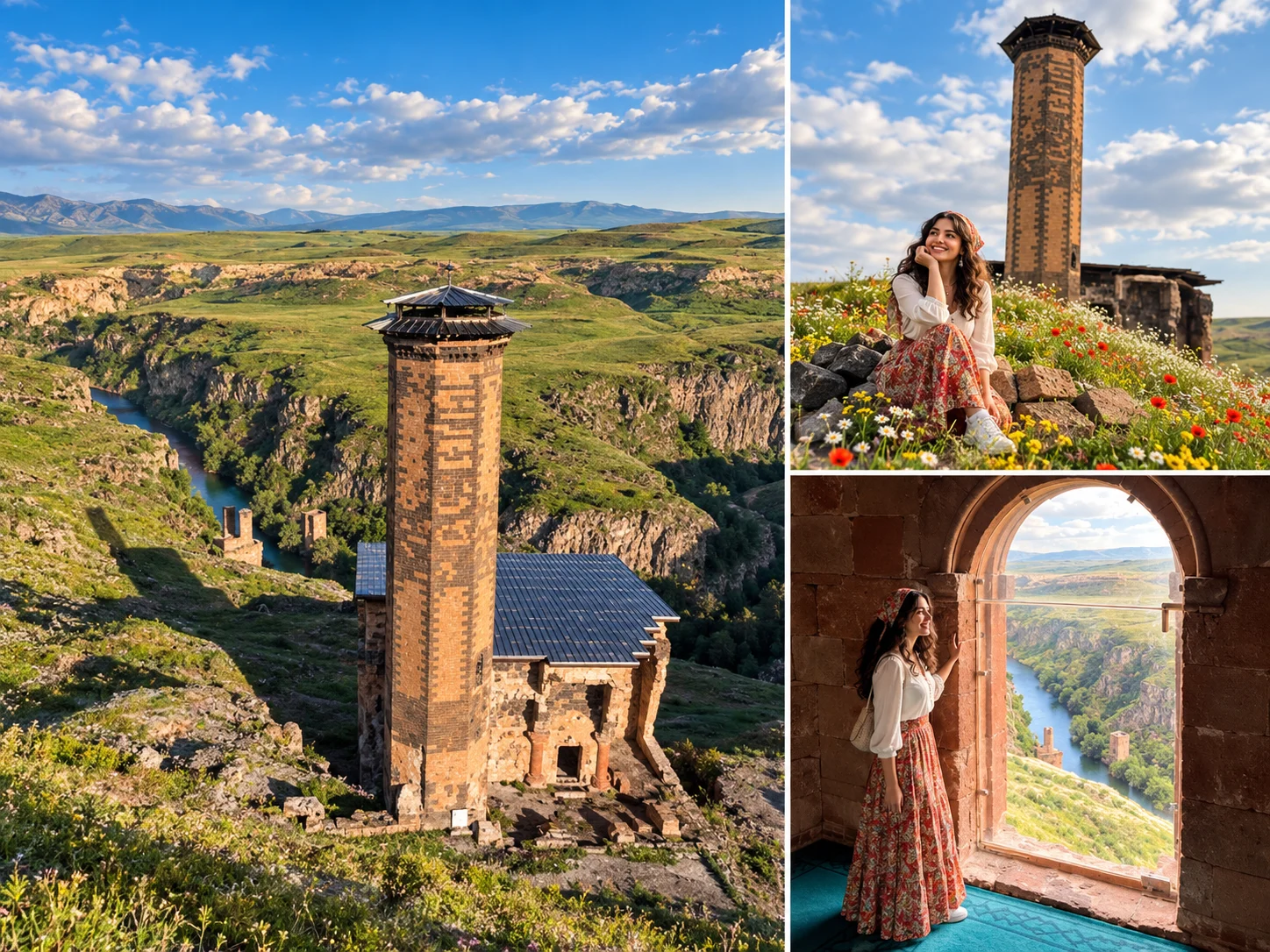 Menuçehr Mosque with its brick-patterned minaret above the Arpaçay valley, in a four-scene collage