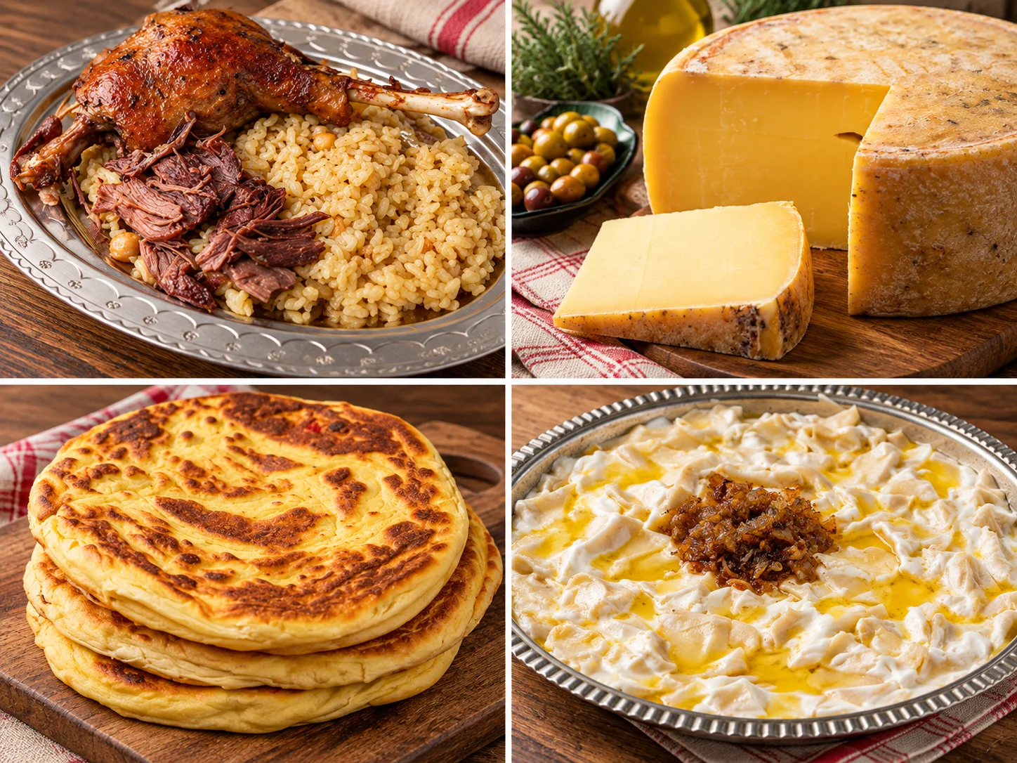 A four-part food collage: goose and rice, a wheel of kaşar cheese, griddle-cooked flatbreads and a yoghurt dough dish