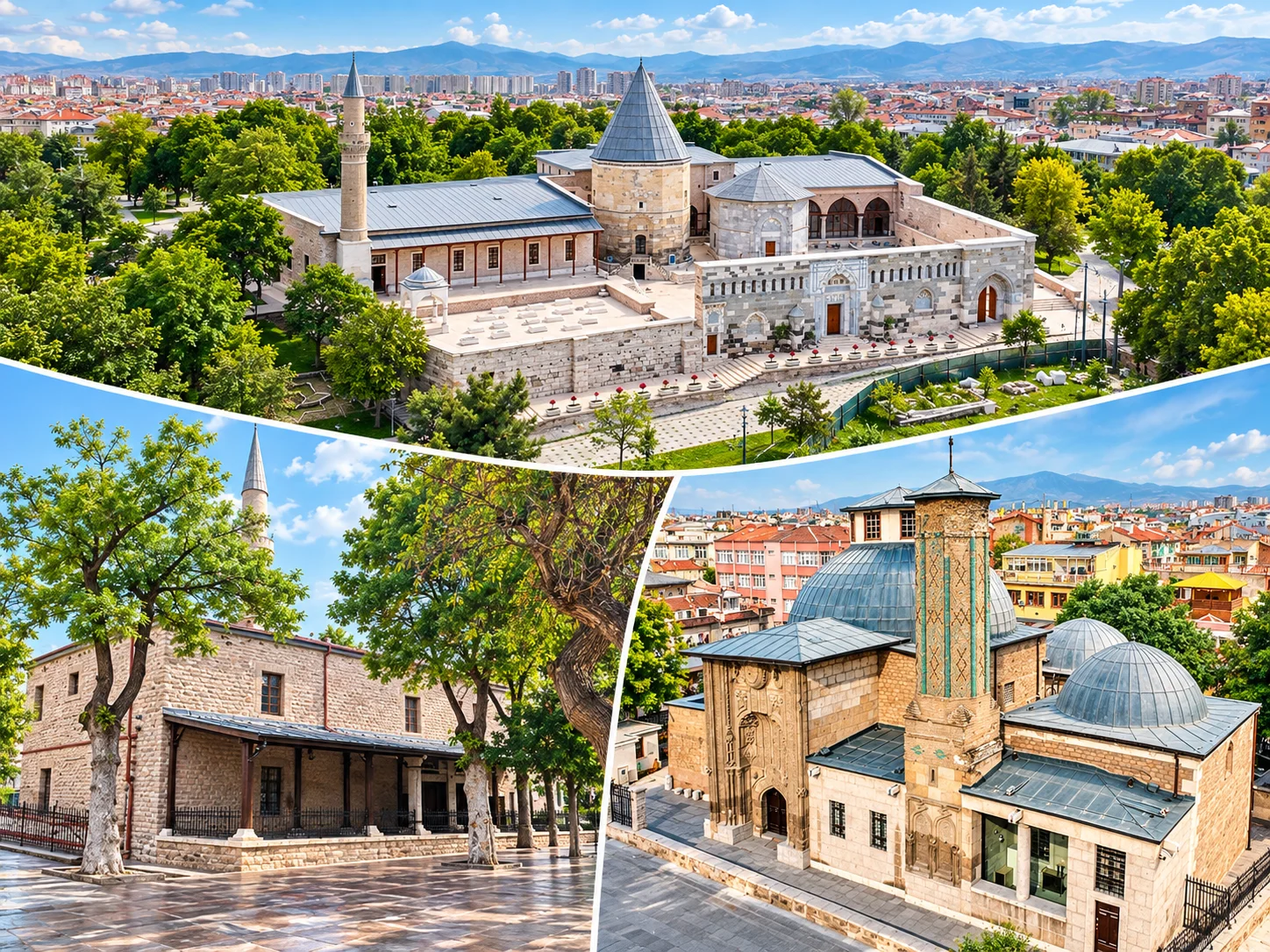 Konya Selçuklu yapılarından üç görünüm: tepedeki cami kompleksinin havadan görüntüsü, taş bir cami ve çini minareli bir yapı