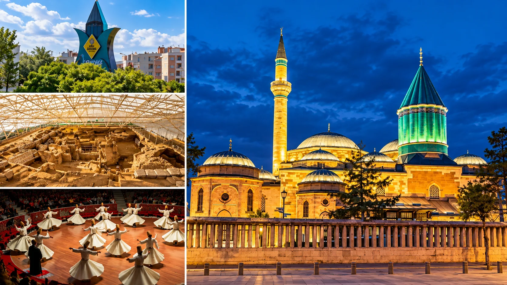 Konya kolajı: Çatalhöyük kazı alanı, Sema mukabelesi ve geceleri aydınlatılmış Mevlana Müzesi